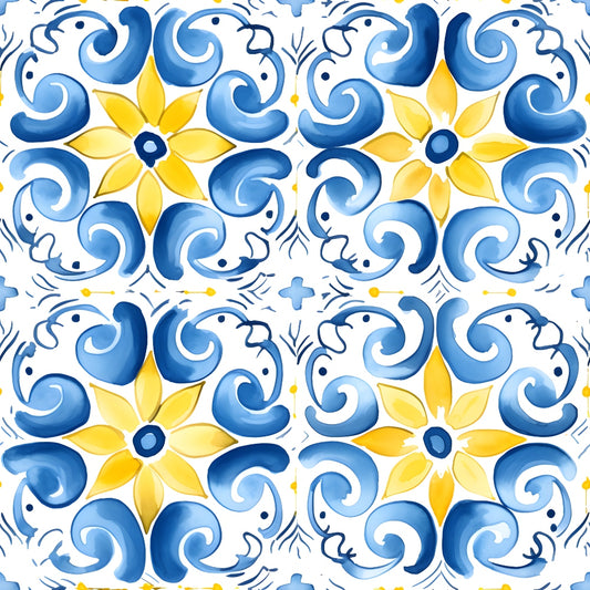 Four decorative tiles feature a blue and yellow floral pattern with swirling designs. The central motif is a yellow star-like flower surrounded by blue curves on a white background.