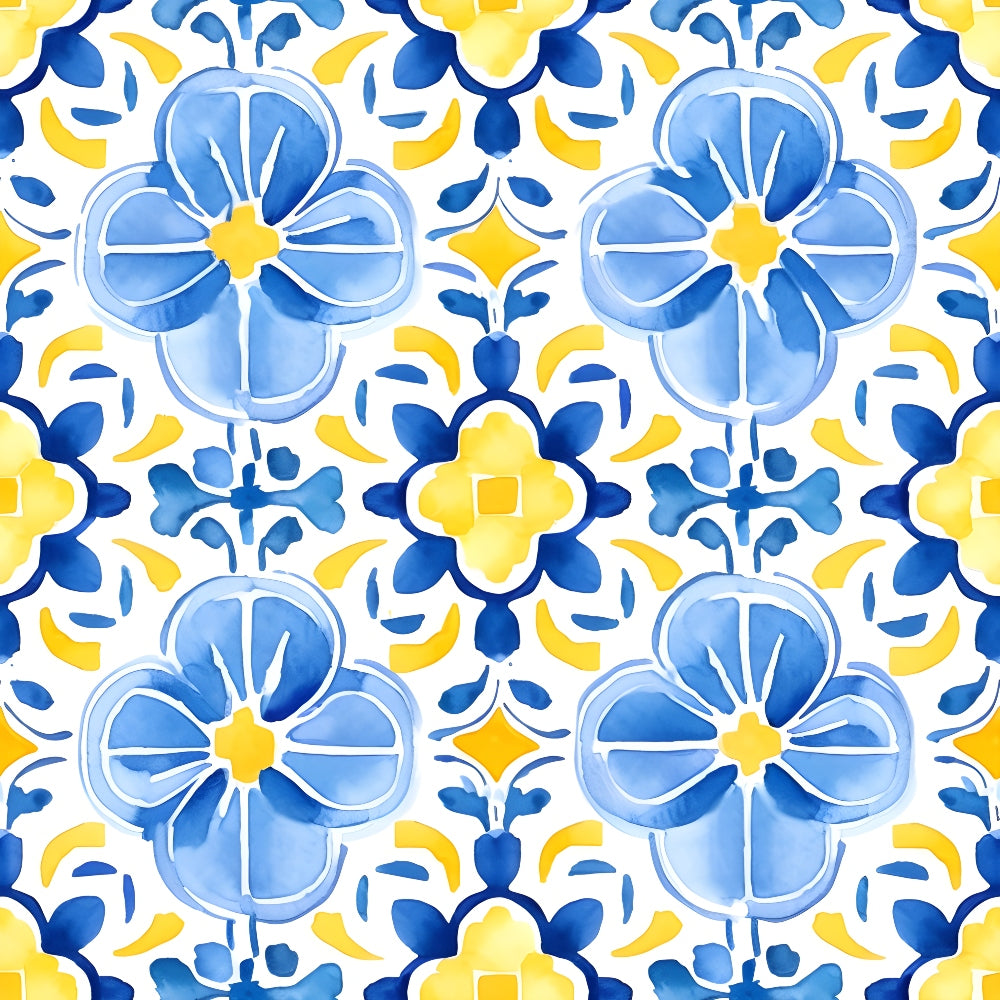 Blue and yellow floral pattern with symmetrical design featuring stylized flowers and abstract shapes on a white background.