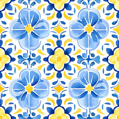 Blue and yellow floral pattern with symmetrical design featuring stylized flowers and abstract shapes on a white background.