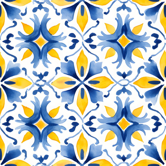 Intricate blue and yellow floral patterns arranged in a symmetrical, repeating design on a white background.