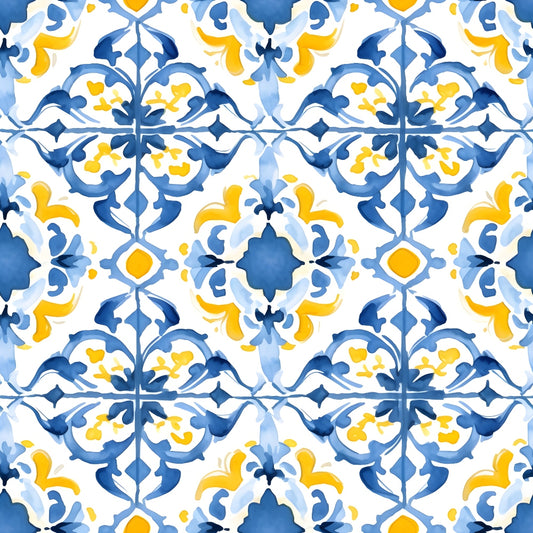 Blue and yellow floral tile pattern with symmetrical design on a white background.