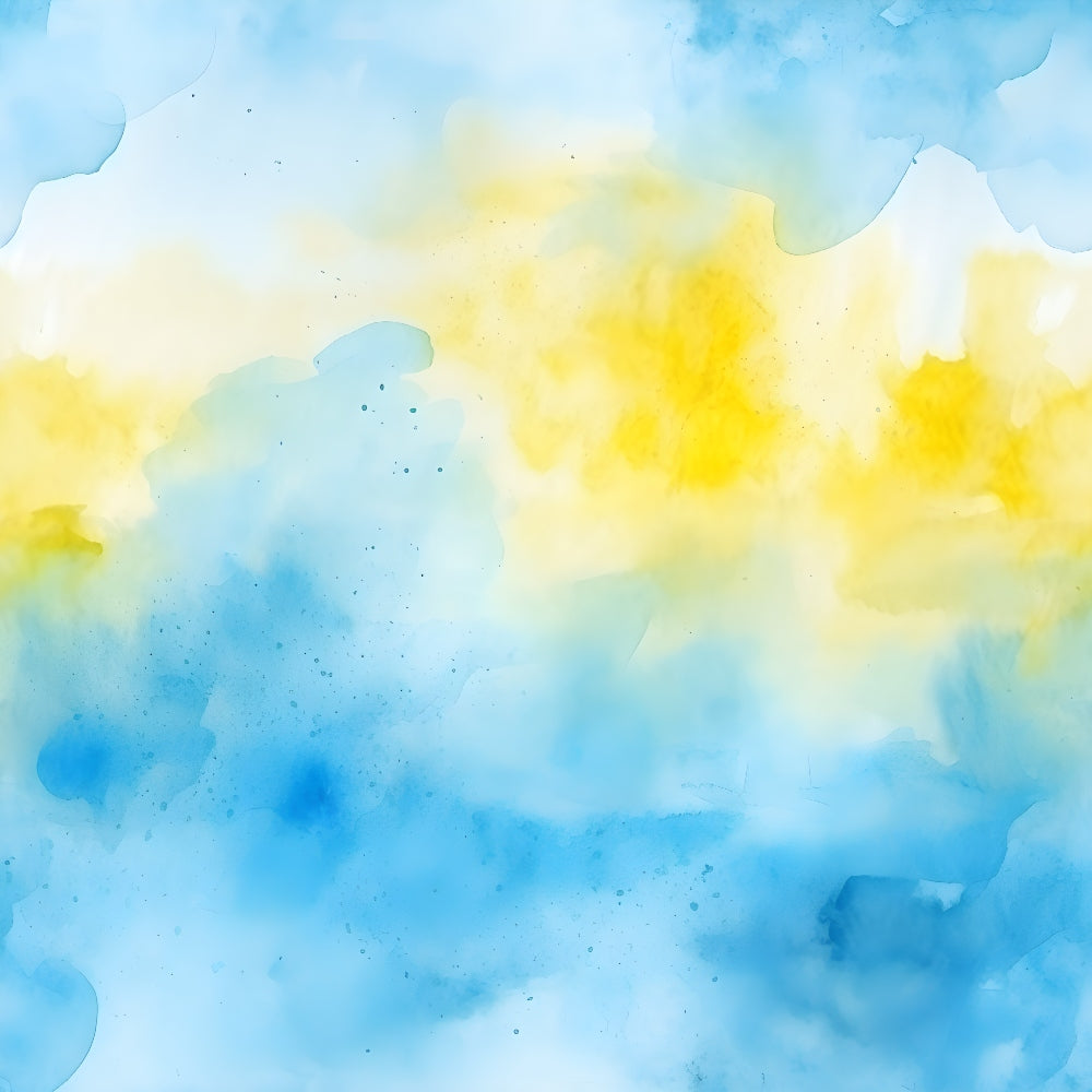 Abstract watercolor painting with soft hues of blue, yellow, and white blending into each other, creating a calming and fluid appearance.