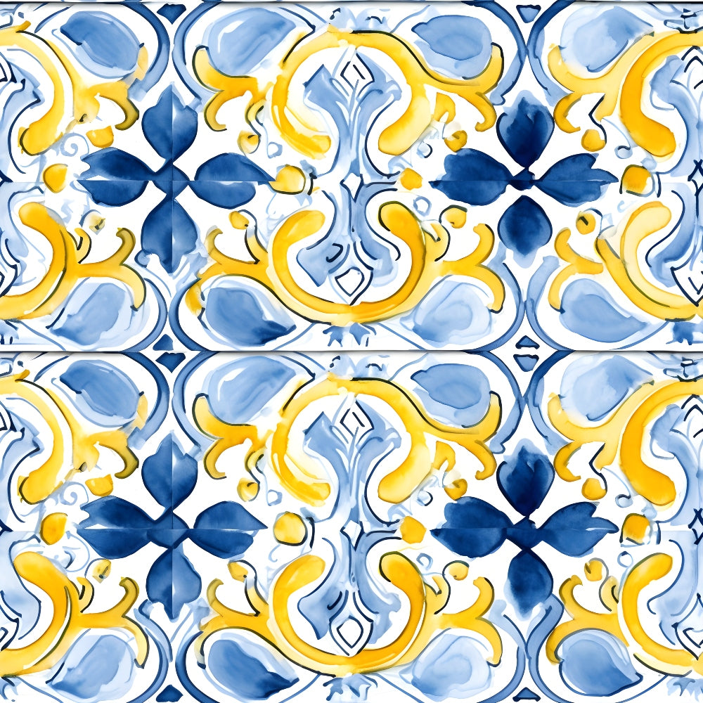 Intricate blue and yellow floral pattern with symmetrical swirls and shapes, resembling decorative tiles.