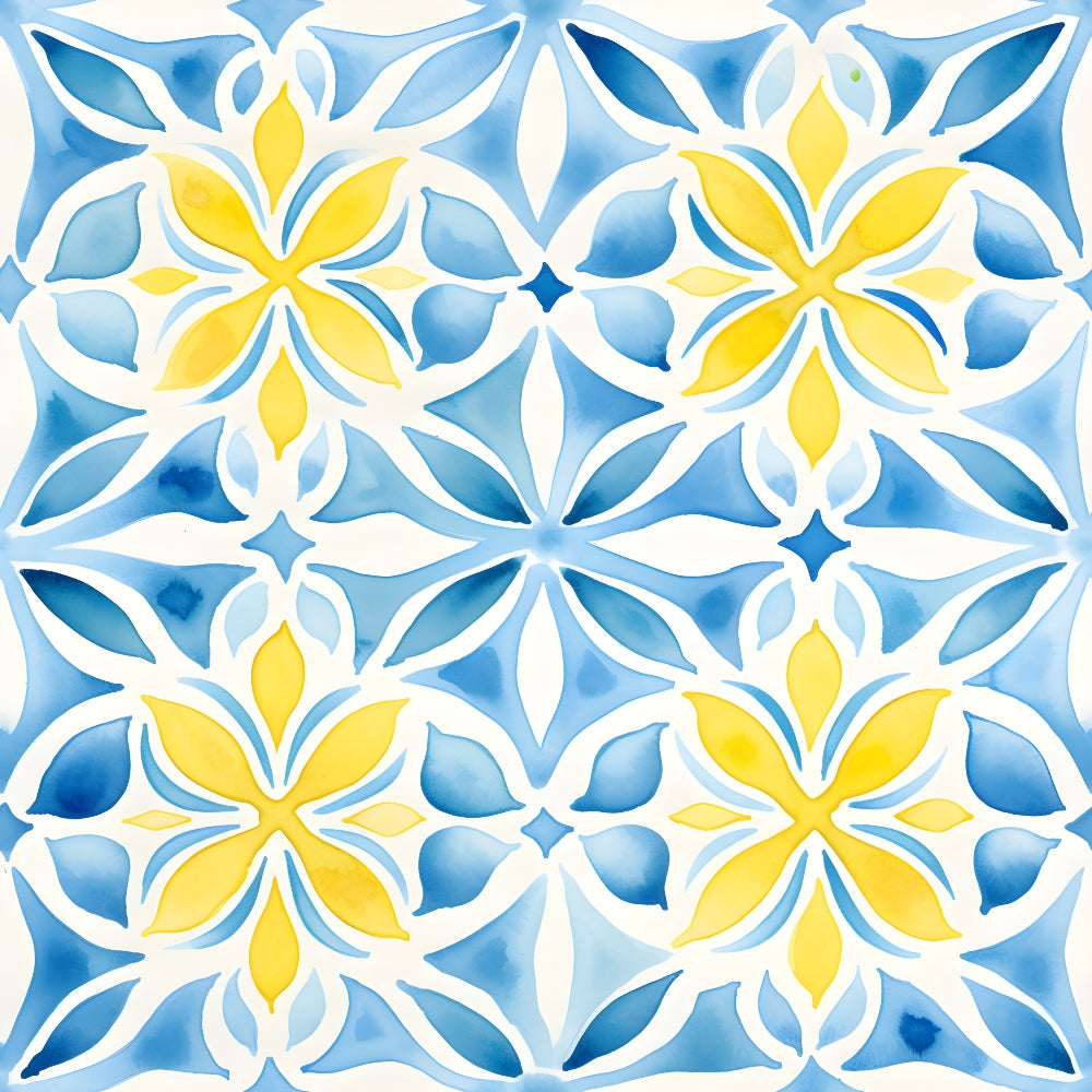 Tile pattern with symmetrical yellow and blue floral motifs, featuring stylized leaves and petals on a white background.