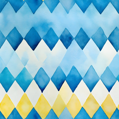 Watercolor pattern of blue, white, and yellow diamond shapes arranged in rows, creating a geometric design.