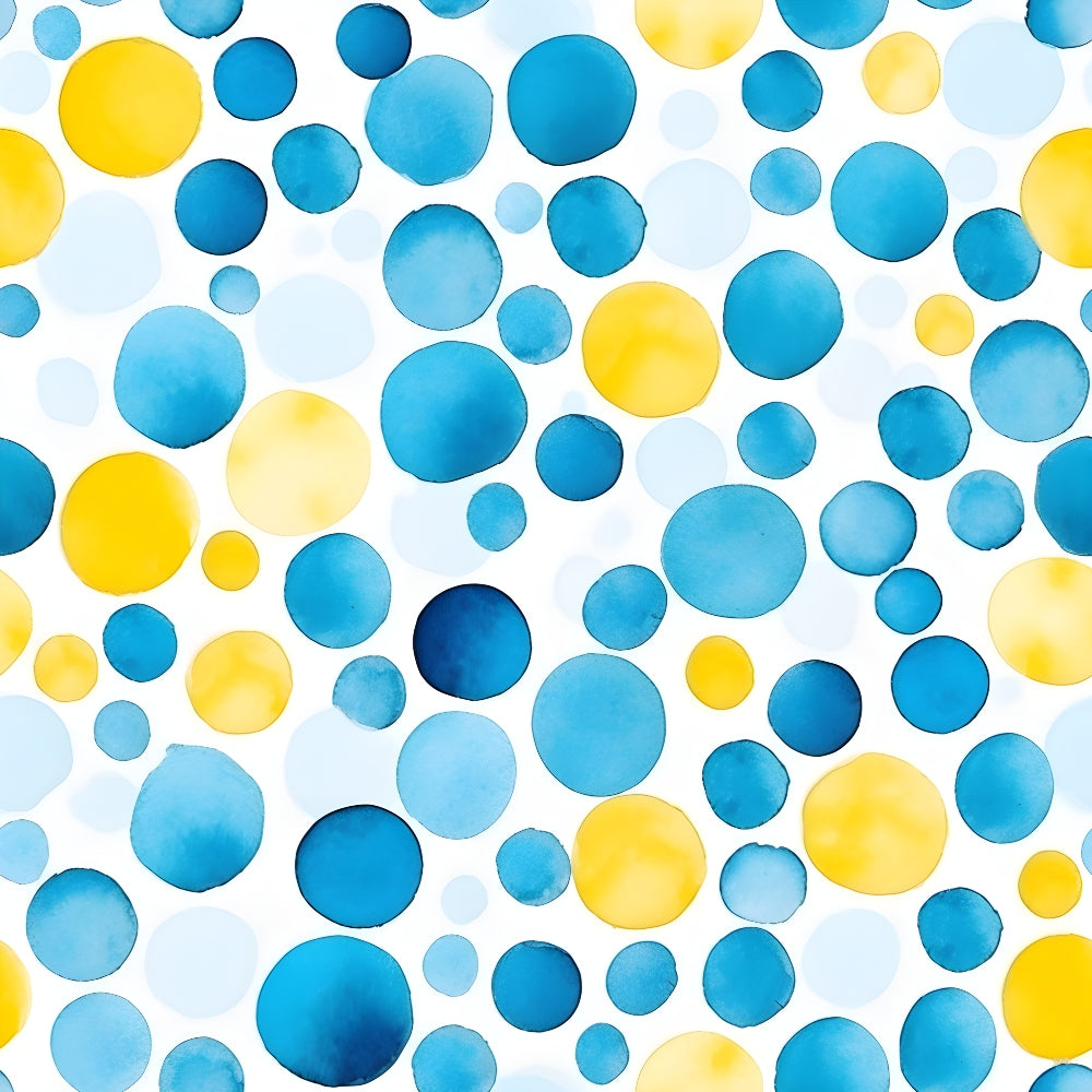 A pattern of blue and yellow watercolor circles of various sizes on a white background.