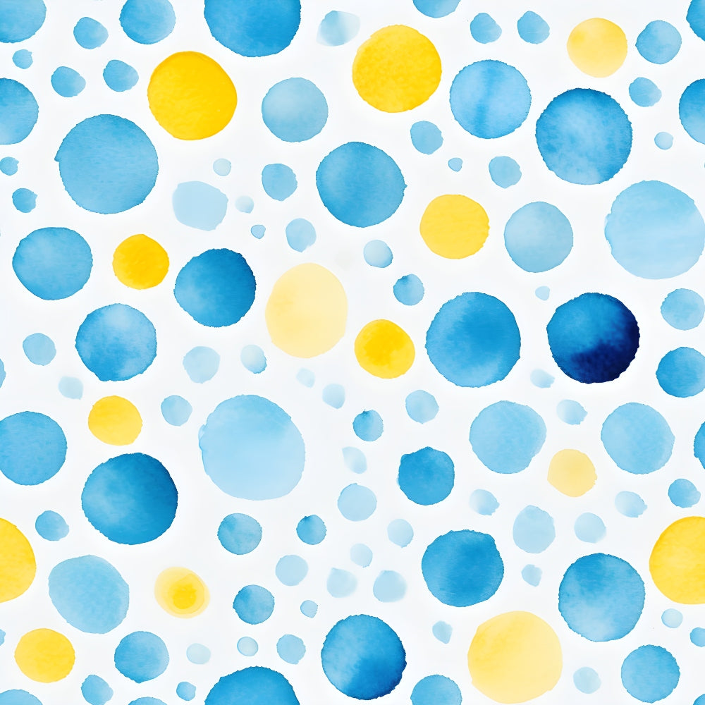 Abstract pattern of blue and yellow watercolor circles on a white background.