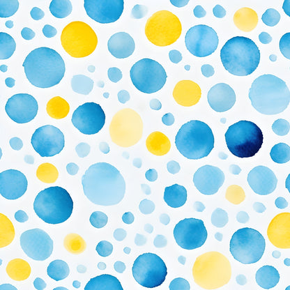 Abstract pattern of blue and yellow watercolor circles on a white background.