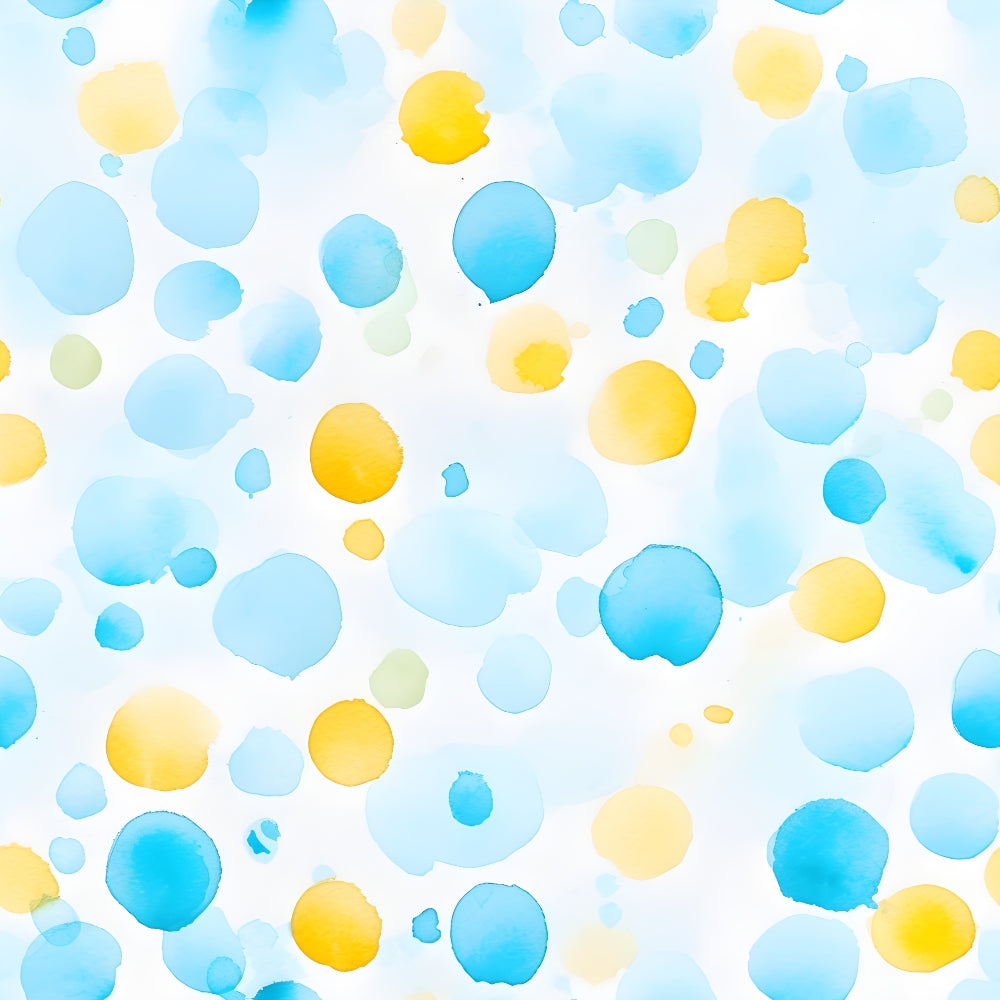 Abstract watercolor pattern with blue, yellow, and green circular blobs on a white background.