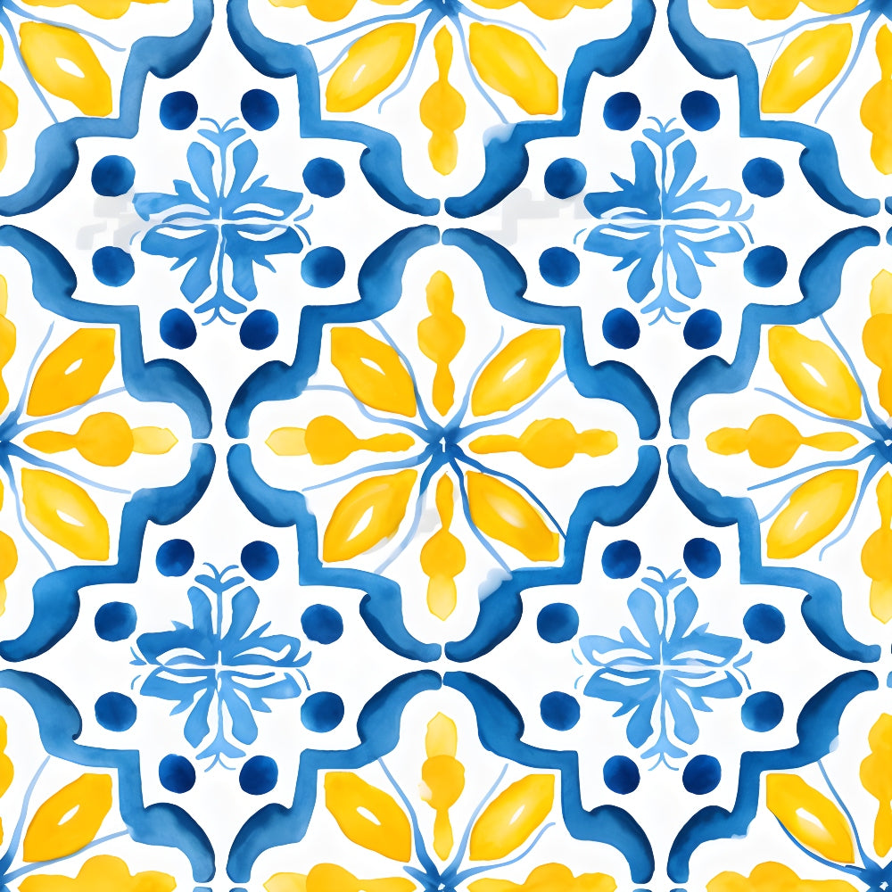 Tile pattern with blue and yellow floral and geometric motifs on a white background.