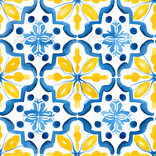 Tile pattern with blue and yellow floral and geometric motifs on a white background.