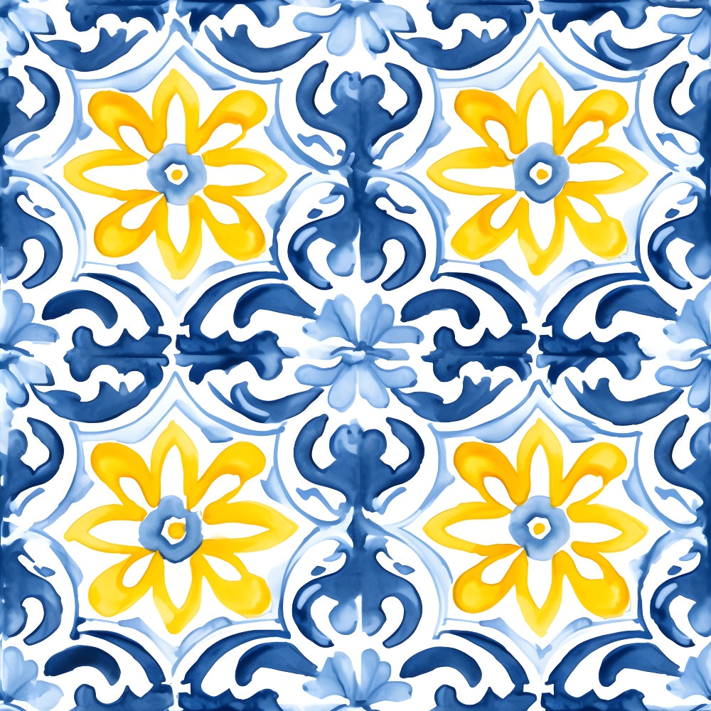 Geometric pattern with yellow floral motifs and blue ornate designs on a white background.