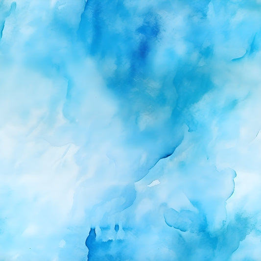 Abstract watercolor painting with soft blue and white hues, creating a serene, cloudy effect.