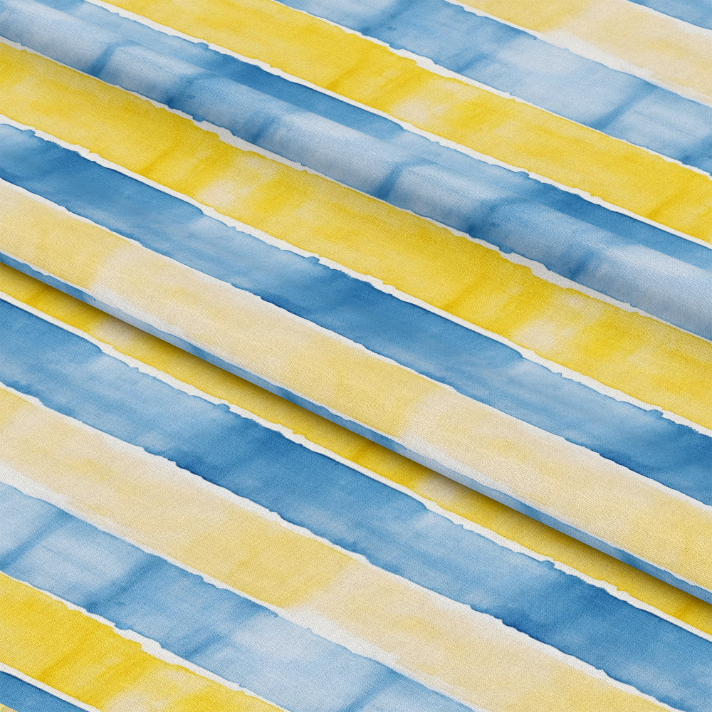 - Mediterranean Lemon Azure Pattern 9 Quilting Cotton Fabric  
- blue stripes  
- yellow stripes  
- soft cotton textile  
- horizontal seamless fabric  
- bright summer colors  
- quilting material  
- light fabric  
- smooth texture  
- textile for sewing projects