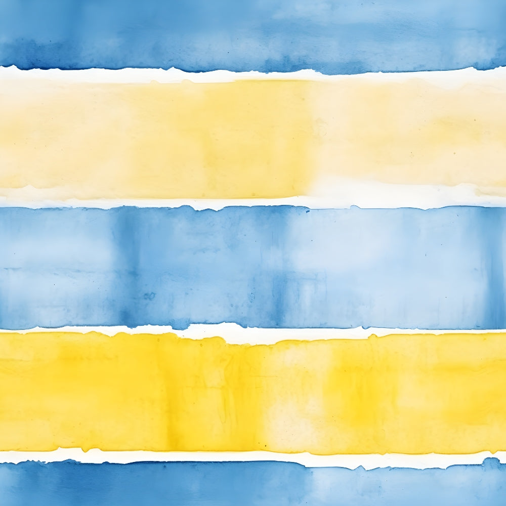 Abstract painting with horizontal blue and yellow watercolor stripes on a white background.