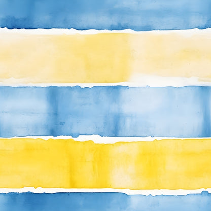 Abstract painting with horizontal blue and yellow watercolor stripes on a white background.