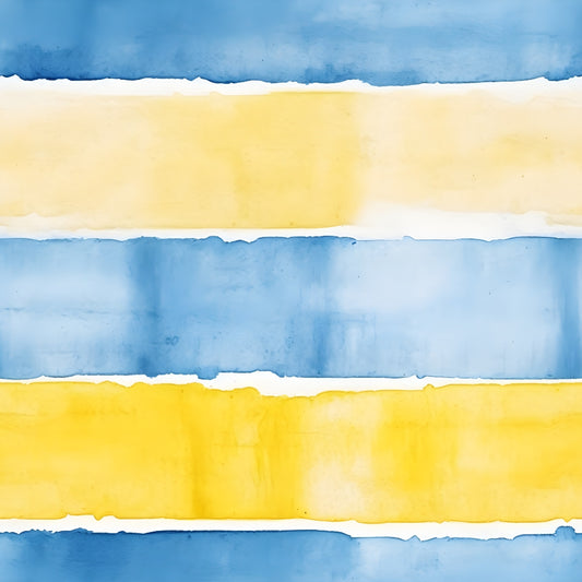 Abstract painting with horizontal blue and yellow watercolor stripes on a white background.