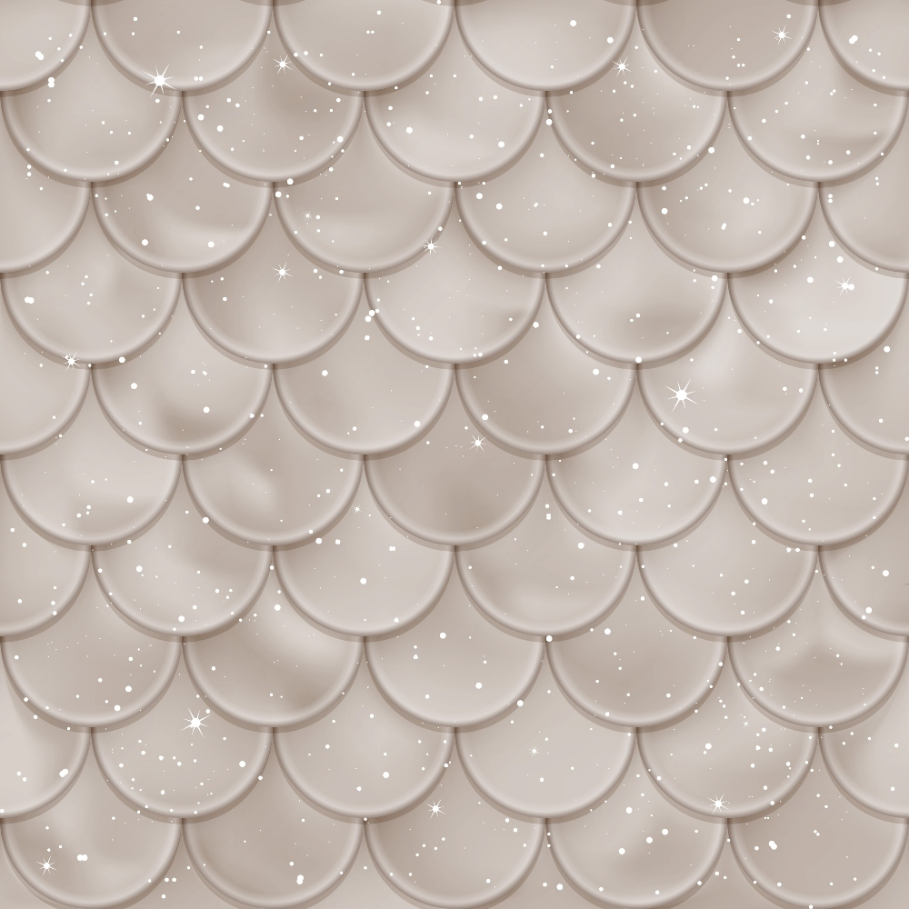 A pattern of overlapping scalloped tiles in a shiny beige finish, with scattered white sparkles giving a glittering effect.