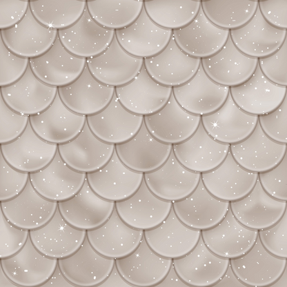 A pattern of overlapping scalloped tiles in a shiny beige finish, with scattered white sparkles giving a glittering effect.