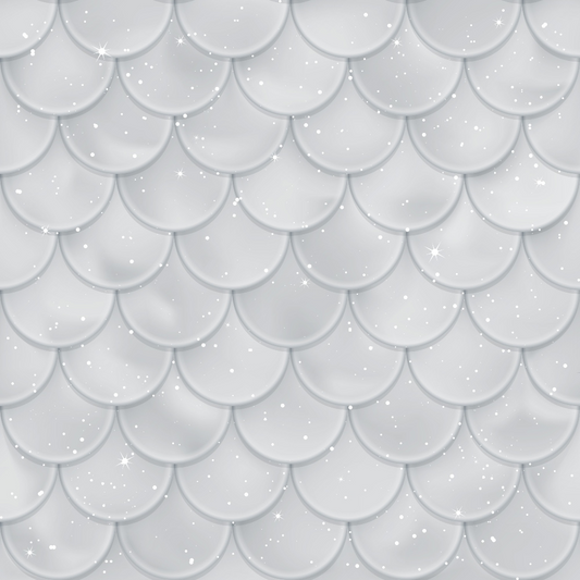 A seamless pattern of overlapping silver fish scales with sparkles scattered across the design.