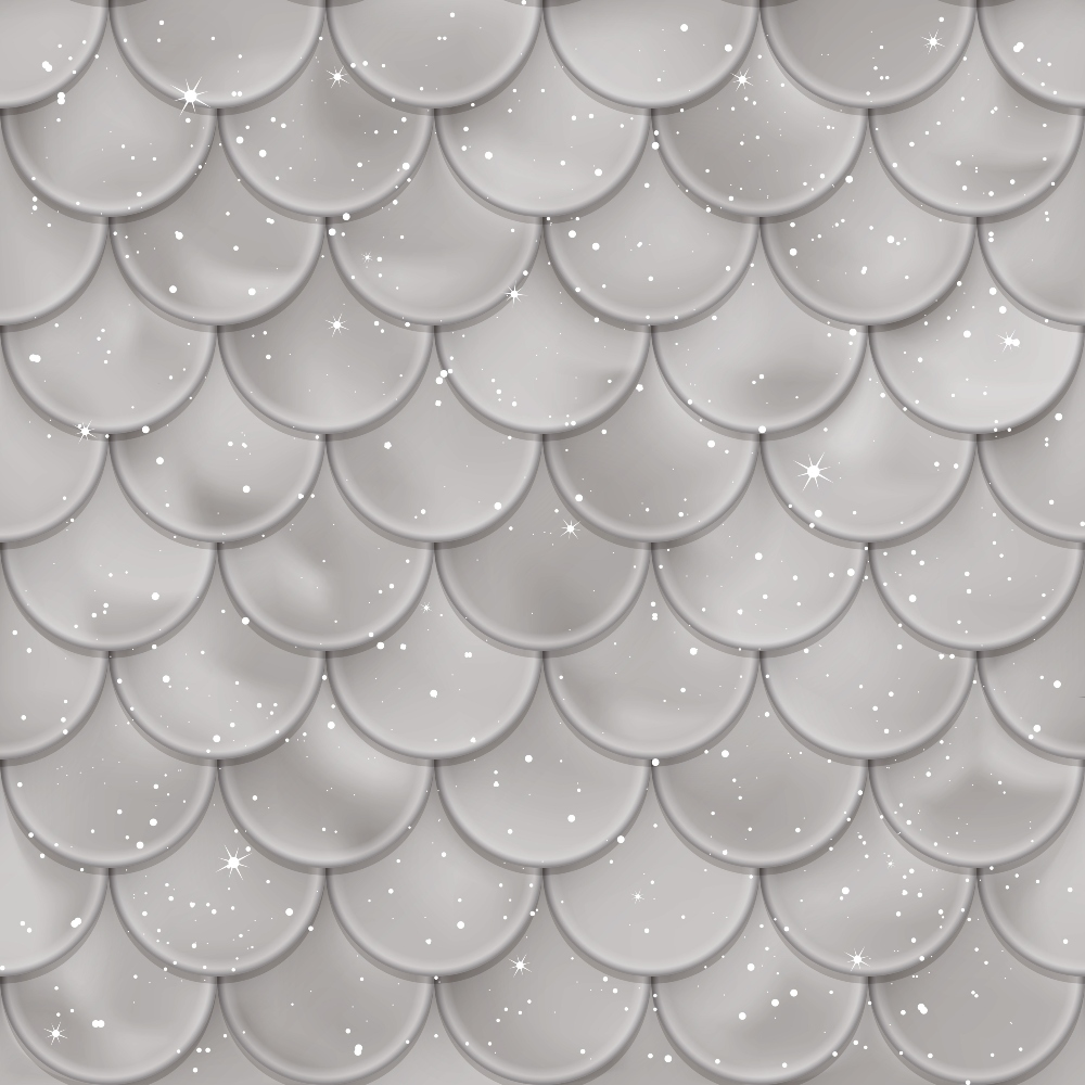 A repeating pattern of light gray, fish scale-shaped tiles with a glossy texture and scattered sparkling stars.