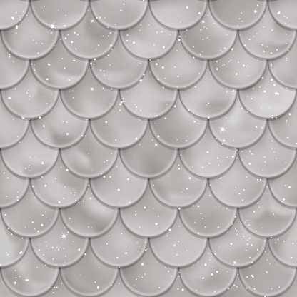 A repeating pattern of light gray, fish scale-shaped tiles with a glossy texture and scattered sparkling stars.