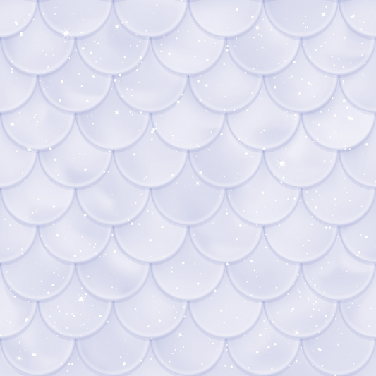 White iridescent scales pattern with a shimmery effect and scattered small stars, creating a textured and reflective surface.