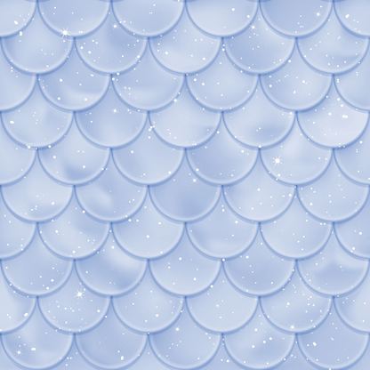 Illustration of light blue overlapping scalloped scales with white sparkles and stars spread throughout.