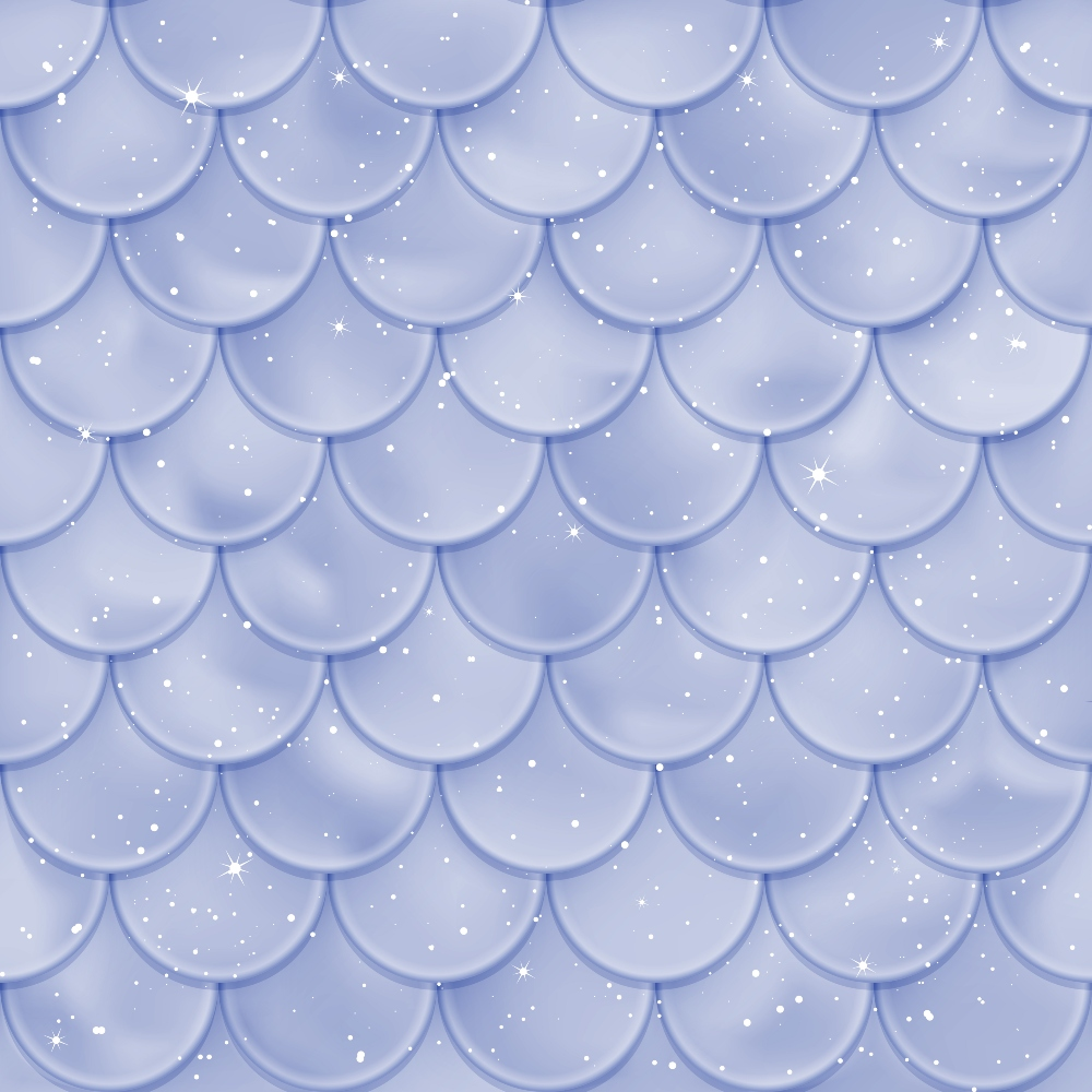 Illustration of a pattern with overlapping blue scales, resembling fish or dragon skin, featuring white speckles and stars throughout.