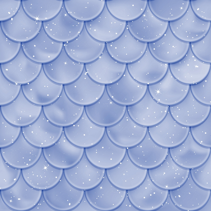 Seamless pattern of blue scallop-shaped scales with sparkling stars and speckles, creating a shiny, textured effect.