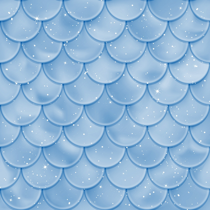 Blue scalloped pattern with a glossy texture, featuring sparkles and small white dots scattered throughout, resembling a sky or mermaid scales.