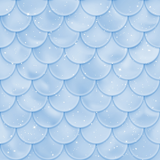 A pattern of overlapping light blue scales with a glossy finish. Small white sparkles are scattered across the surface, giving a shimmering effect.