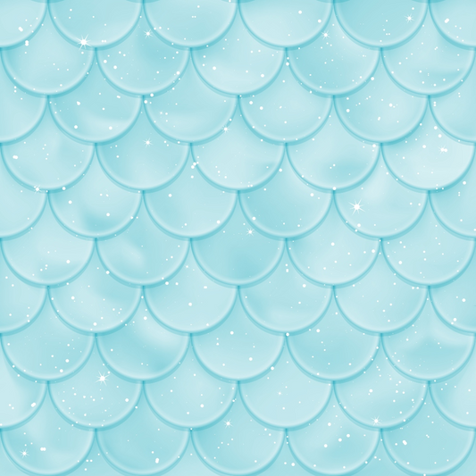 A pattern of light blue, overlapping scales with a glossy finish and scattered white sparkles.