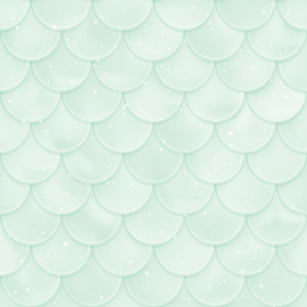 Illustration of a light turquoise scalloped pattern resembling fish scales, adorned with subtle white sparkles.