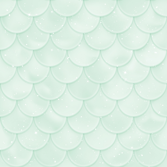 Illustration of a light turquoise scalloped pattern resembling fish scales, adorned with subtle white sparkles.