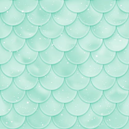 A seamless pattern of teal mermaid scales with a glossy texture and scattered white sparkles.