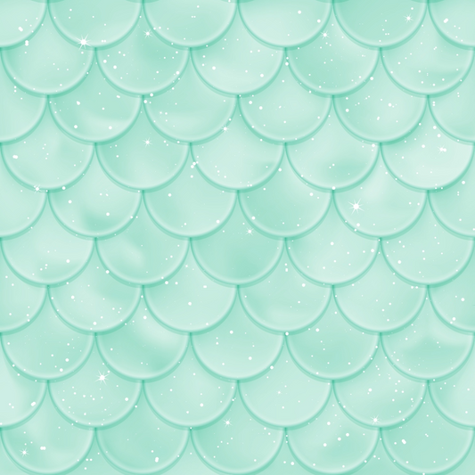 A seamless pattern of teal mermaid scales with a glossy texture and scattered white sparkles.