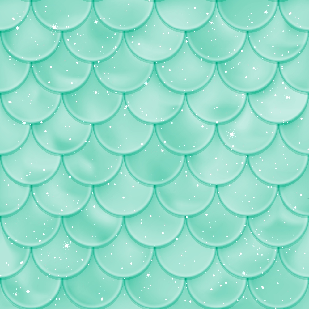 A textured teal pattern resembling fish or mermaid scales with a glossy finish and scattered white sparkles.