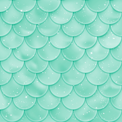 A textured teal pattern resembling fish or mermaid scales with a glossy finish and scattered white sparkles.