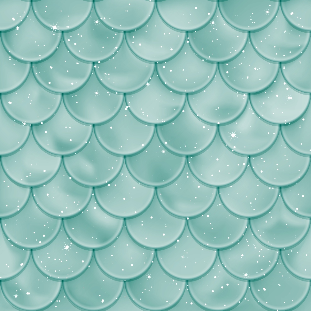 A seamless pattern of turquoise scalloped scales with a glossy, textured appearance, decorated with small scattered white sparkles.