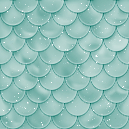 A seamless pattern of turquoise scalloped scales with a glossy, textured appearance, decorated with small scattered white sparkles.