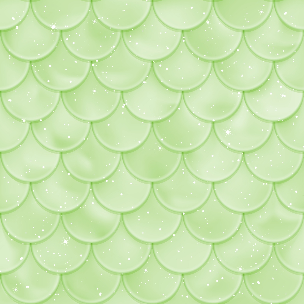 A pattern of overlapping light green scalloped scales with scattered white sparkles.