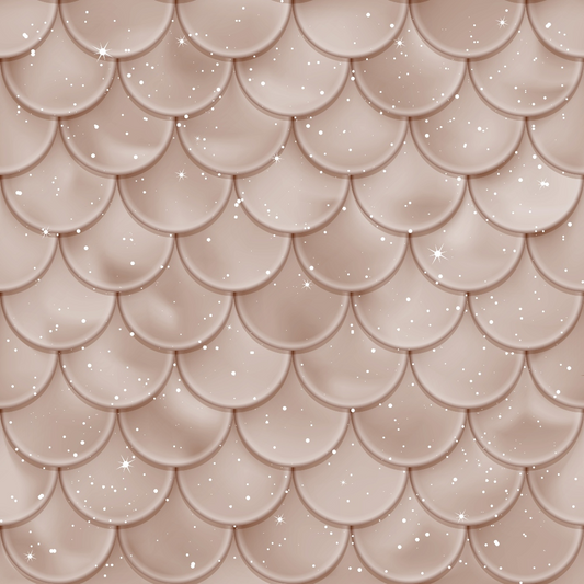 Pattern of overlapping beige scallop shapes with sparkles scattered across the surface.