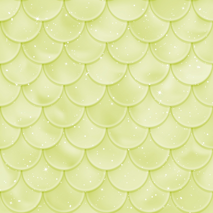 A pattern of overlapping, shiny green scales with a glossy finish and scattered sparkles, arranged in a repetitive, symmetrical design.