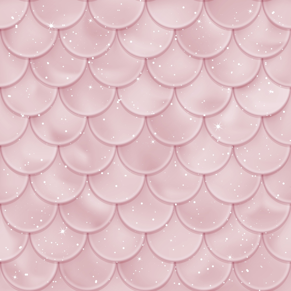 A pink, scalloped pattern with a glossy texture is overlaid with small sparkles and speckles, resembling a mermaid scale design.