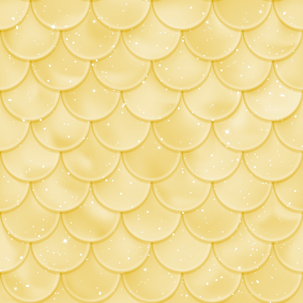 Yellow scallop-patterned background with sparkles scattered across the surface.