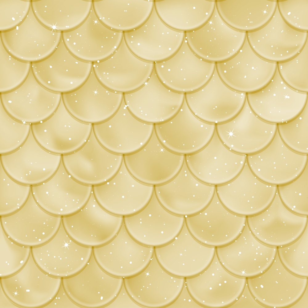 Seamless pattern of overlapping golden scales with a glossy finish and small sparkling white dots scattered across the surface.