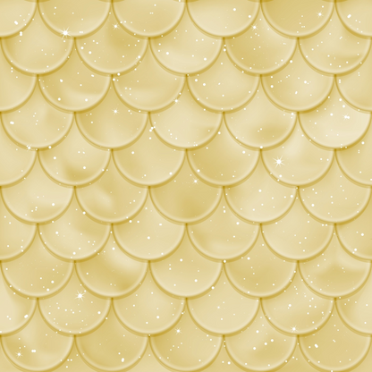 Seamless pattern of overlapping golden scales with a glossy finish and small sparkling white dots scattered across the surface.