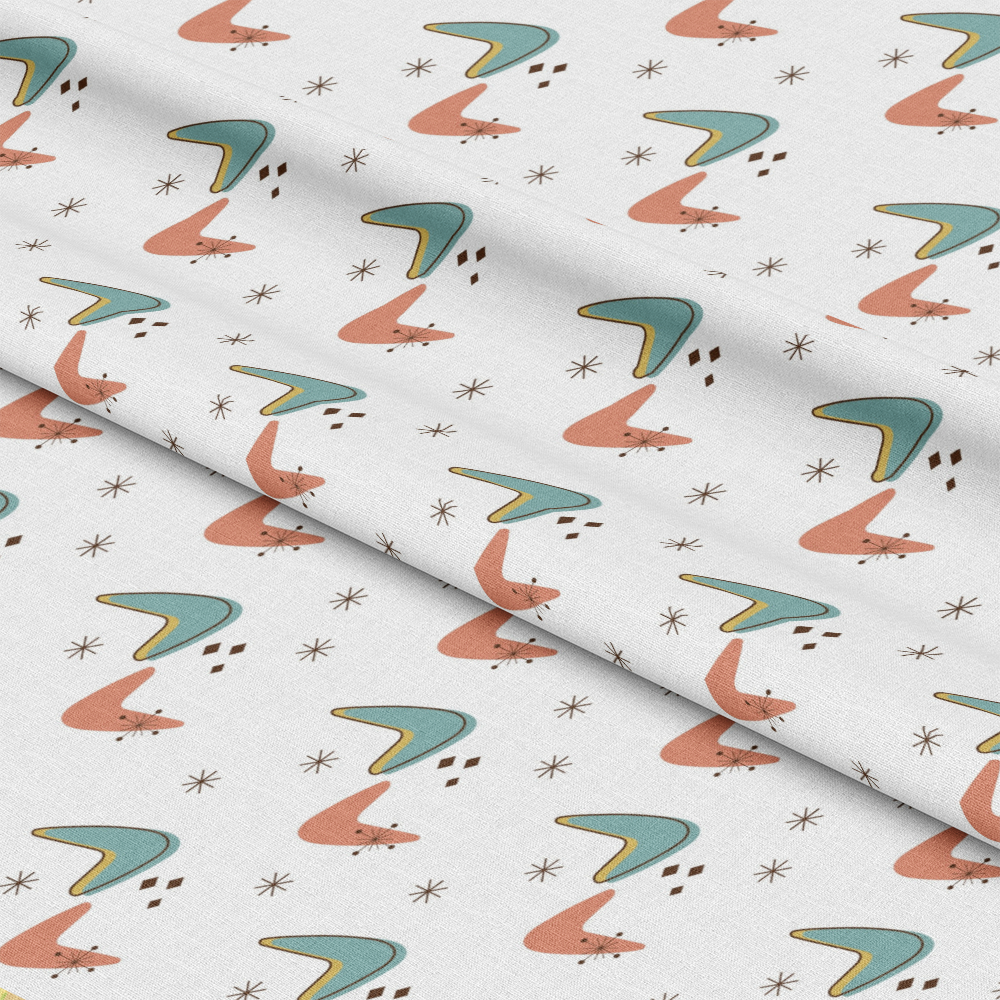 Mid-Century Modern Pattern 15 Quilting Cotton Fabric, abstract shapes, retro design, muted teal, coral, mustard accents, white background, boomerang motifs, starbursts, vintage style, soft texture, cotton fabric, quilting material, seamless print, fabric yardage, handmade crafts, sewing projects, classic mid-century design, smooth finish, high-quality textile.