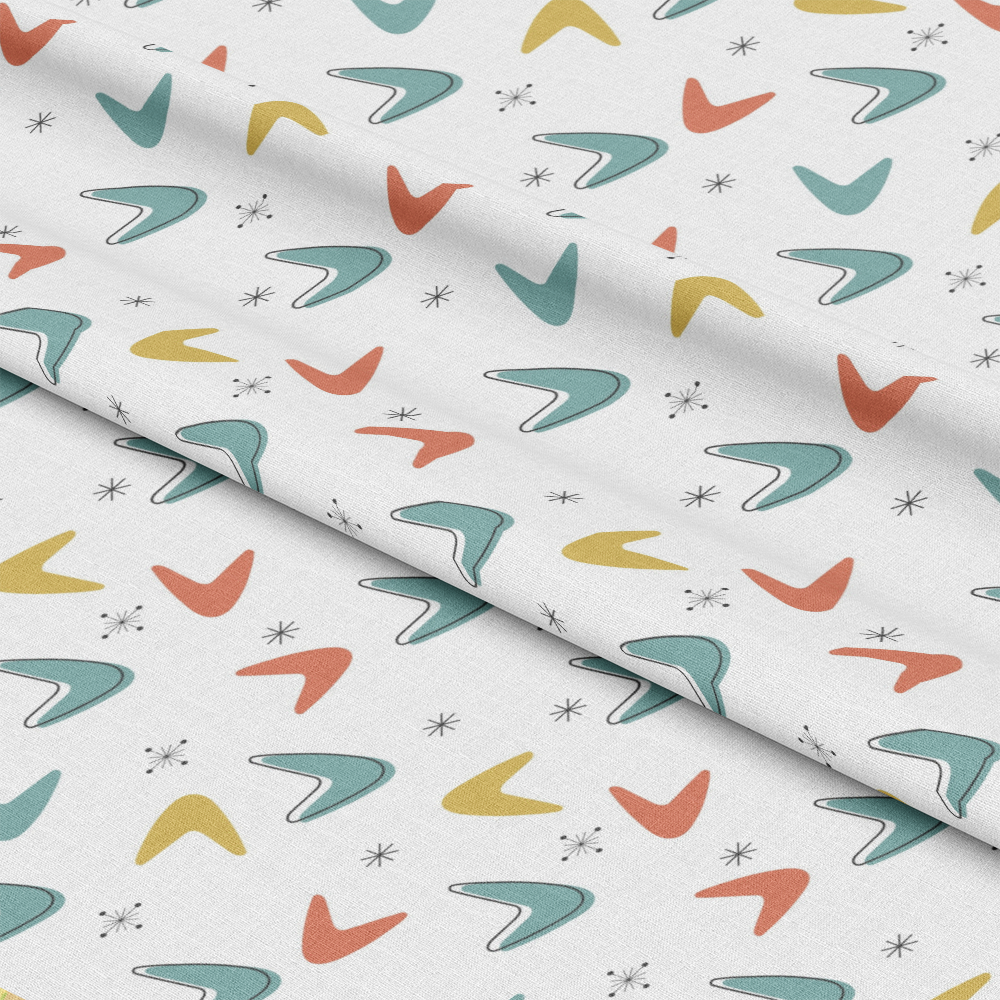 Mid-Century Modern Pattern 38 Quilting Cotton Fabric, quilting, cotton, fabric, white background, teal boomerang shapes, mustard yellow accents, rust orange details, geometric motifs, retro design, soft texture, premium quilting cotton, classic style, subtle starbursts, traditional textile, smooth finish.